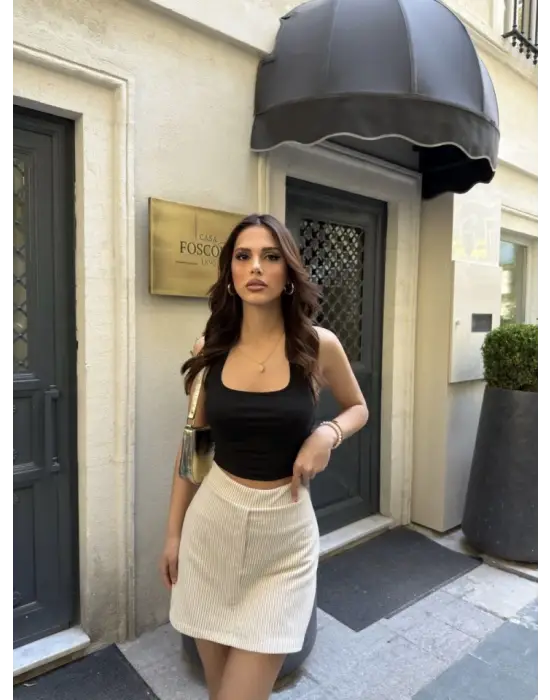 Su Yolu Çizgili Kolay Kombinle Ne Bilir Mini Boy Etek - Bej