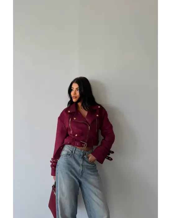 Omarı Kadın SÜET Crop Ceket - Bordo