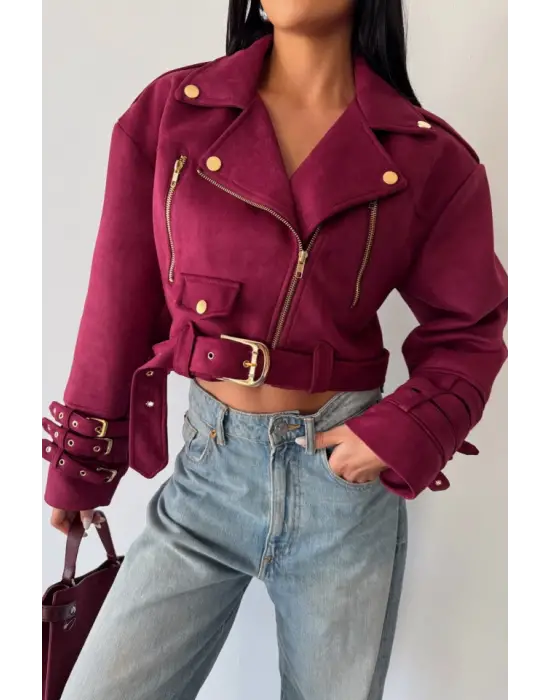 Omarı Kadın SÜET Crop Ceket - Bordo