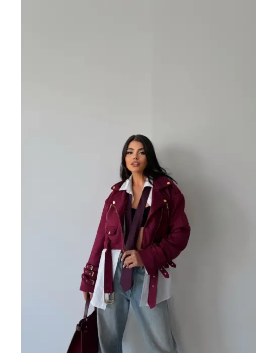 Omarı Kadın SÜET Crop Ceket - Bordo