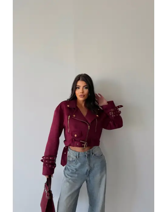 Omarı Kadın SÜET Crop Ceket - Bordo