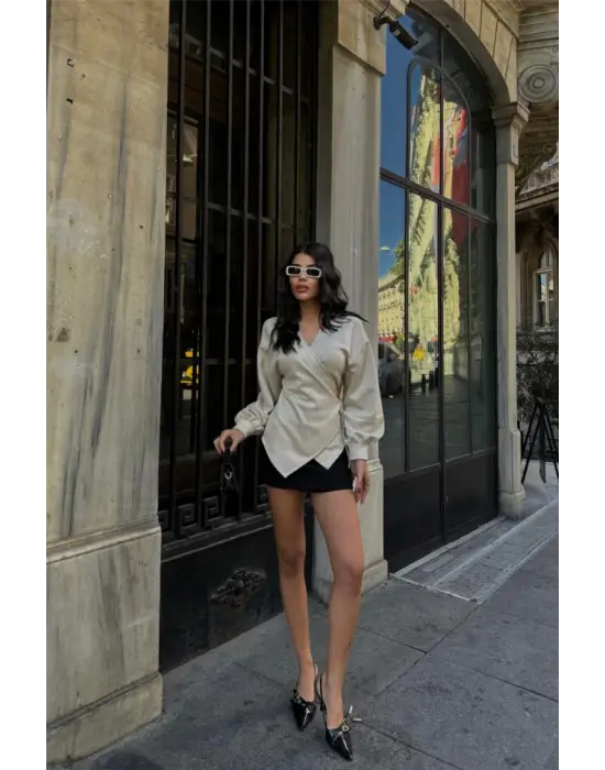 Omarı Şık SÜET Kruvaze Bluz - Bağlama Detaylı Taş Rengi