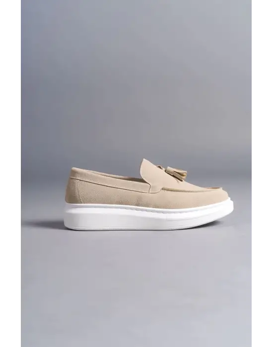 Omarı Püsküllü Süet Erkek Günlük Spor Ayakkabı - Krem