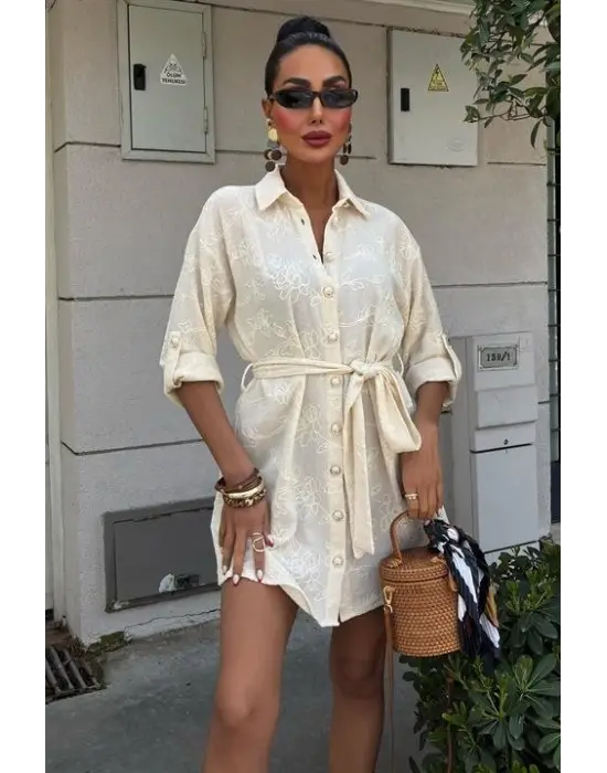 Süzene Nakışlı Ve Gold Düğmeli Elbise 2742