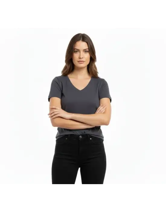 T-Shirt V Yaka Slim Fit Likralı Tişört Günlük Basic Body - Füme