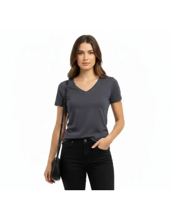 T-Shirt V Yaka Slim Fit Likralı Tişört Günlük Basic Body - Füme