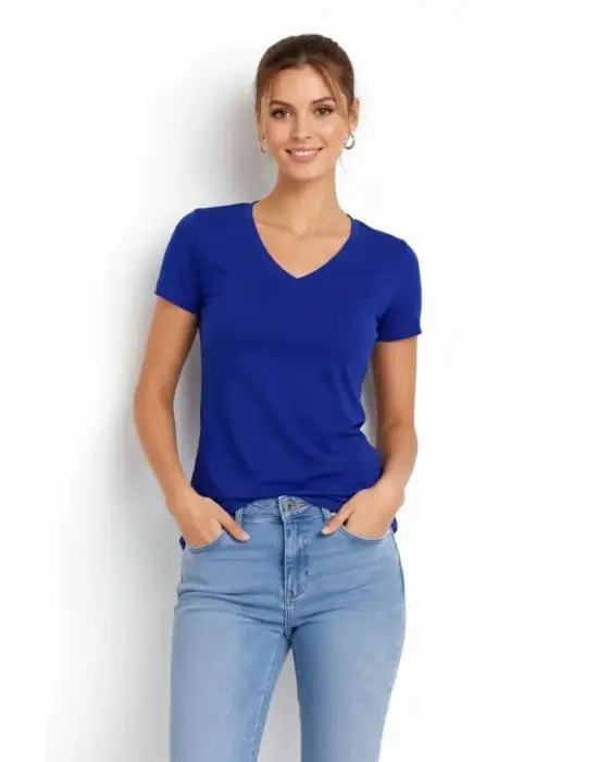 T-Shirt V Yaka Slim Fit Likralı Tişört Günlük Basic Body - İndigo