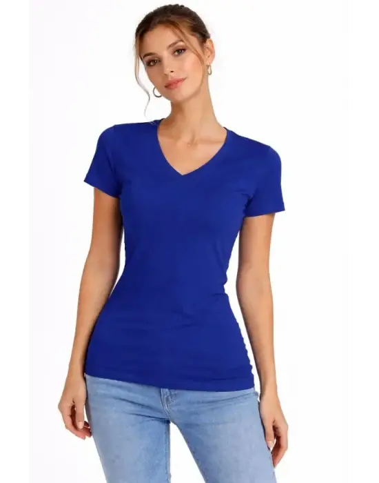 T-Shirt V Yaka Slim Fit Likralı Tişört Günlük Basic Body - İndigo