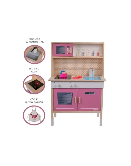 T1032 AHŞAP SU AKAN MUSLUKLU VE LEDLİ ÇOCUK MUTFAĞI PEMBE