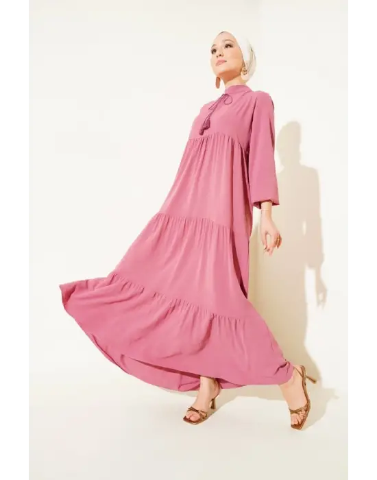 T1627 Yaka Bağcıklı Elbise - A. Pembe