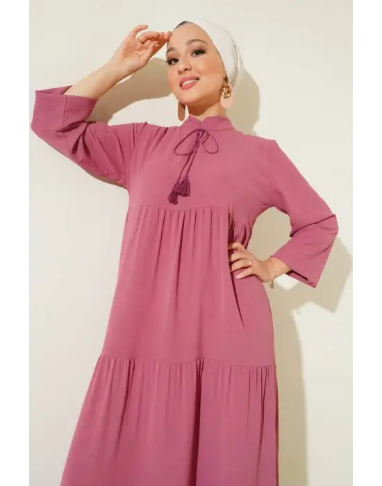 T1627 Yaka Bağcıklı Elbise - A. Pembe