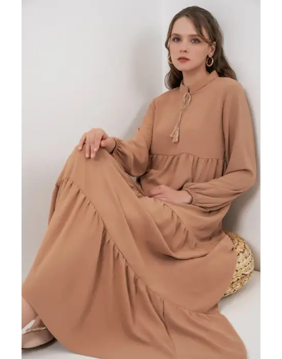 T1627 Yaka Bağcıklı Elbise - D.Vizon