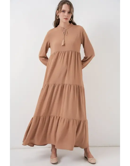 T1627 Yaka Bağcıklı Elbise - D.Vizon