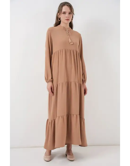 T1627 Yaka Bağcıklı Elbise - D.Vizon