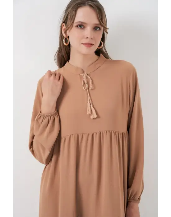 T1627 Yaka Bağcıklı Elbise - D.Vizon