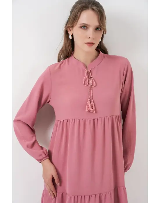 T1627 Yaka Bağcıklı Elbise - Gül Kurusu