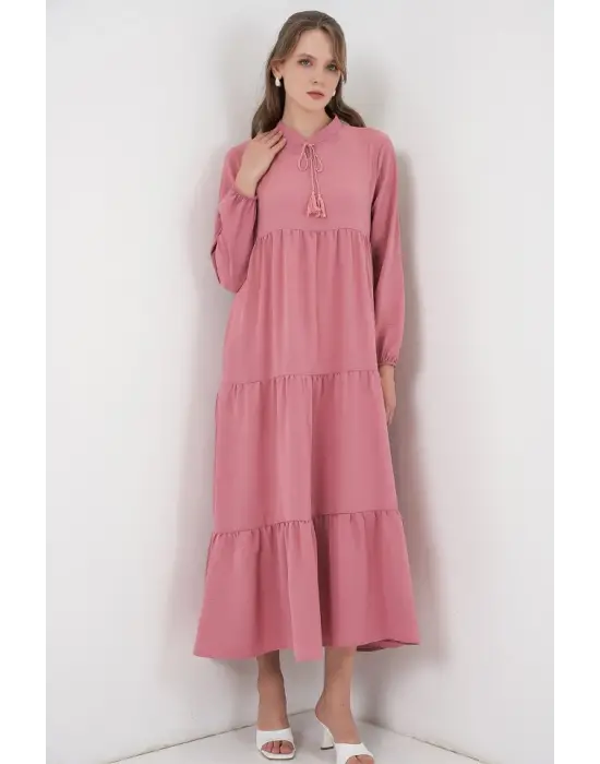 T1627 Yaka Bağcıklı Elbise - Gül Kurusu
