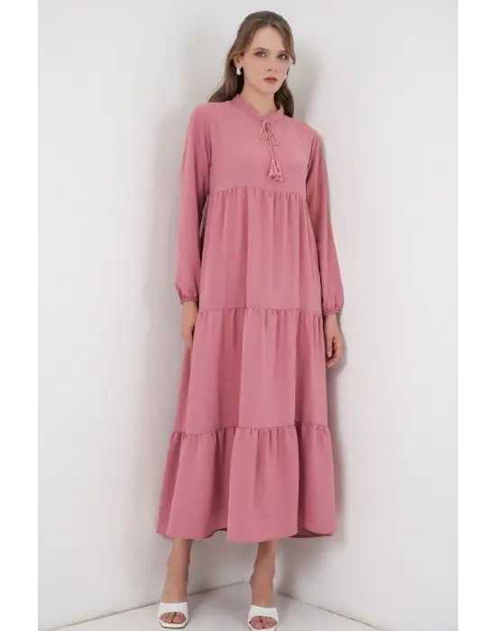 T1627 Yaka Bağcıklı Elbise - Gül Kurusu