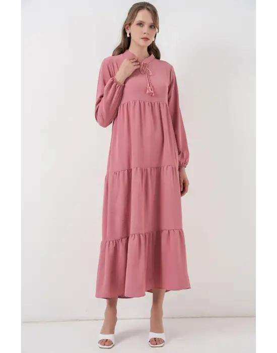 T1627 Yaka Bağcıklı Elbise - Gül Kurusu