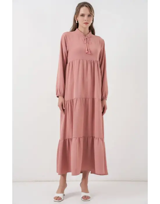 T1627 Yaka Bağcıklı Elbise - Pudra