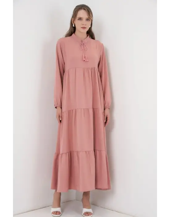 T1627 Yaka Bağcıklı Elbise - Pudra