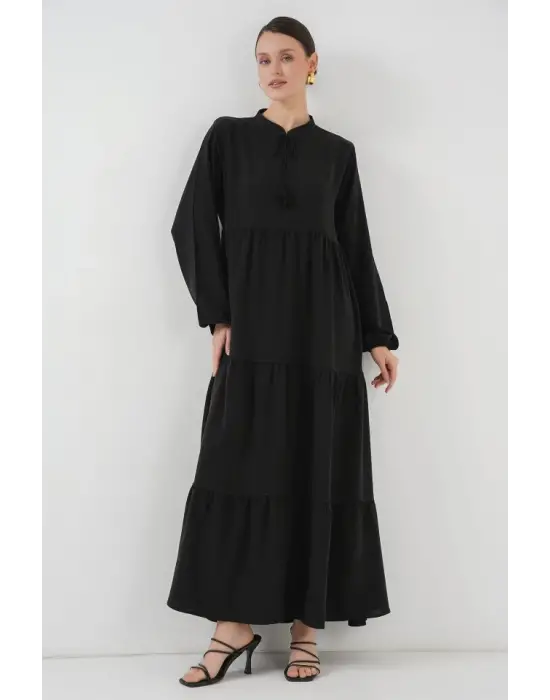 T1627 Yaka Bağcıklı Elbise - Siyah
