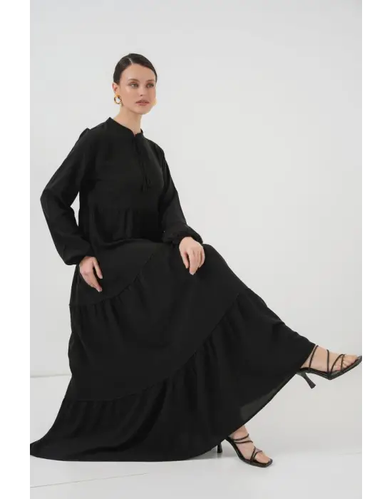 T1627 Yaka Bağcıklı Elbise - Siyah