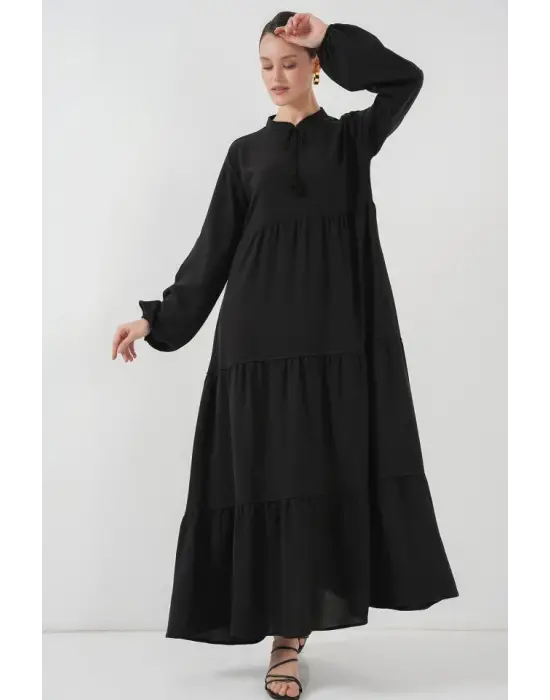 T1627 Yaka Bağcıklı Elbise - Siyah