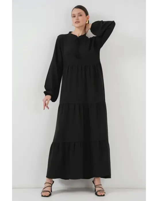 T1627 Yaka Bağcıklı Elbise - Siyah