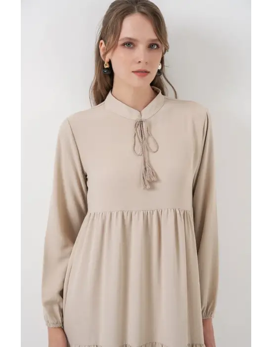 T1627 Yaka Bağcıklı Elbise - Taş