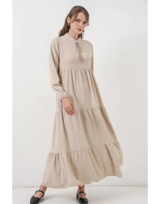 T1627 Yaka Bağcıklı Elbise - Taş