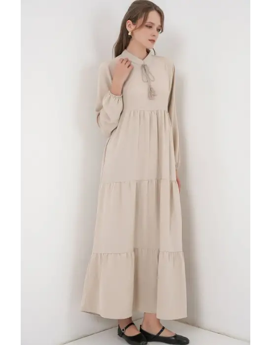 T1627 Yaka Bağcıklı Elbise - Taş