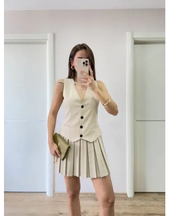Takım Görünümlu Yelekli Mini Elbise- Bej