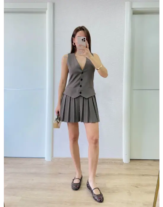 Takım Görünümlu Yelekli Mini Elbise- Füme