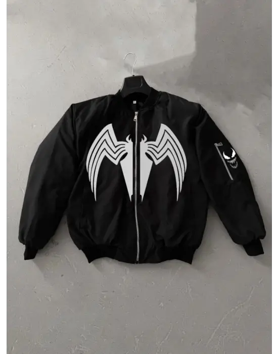 Tam Fermuarlı Uzun Kol Baskılı Bomber Ceket - Siyah