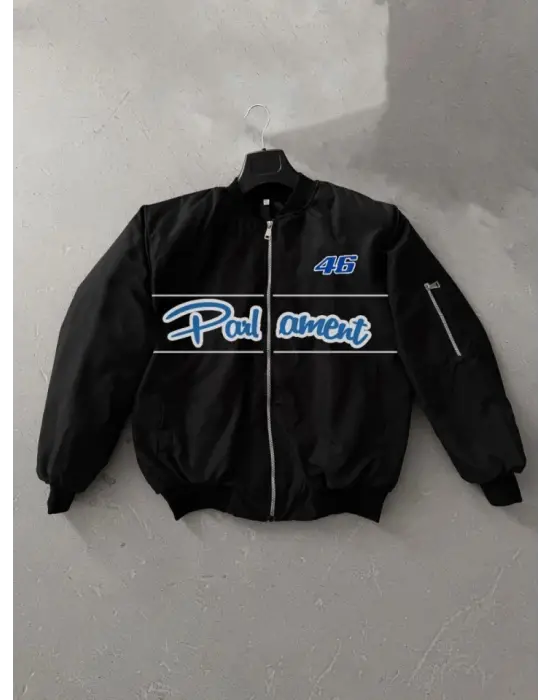 Tam Kalıp Uzun Kol Baskılı Bomber Ceket - Siyah