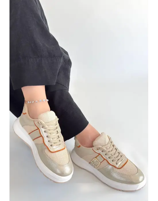 Tanwe Bej Cilt Bağcıklı Spor Ayakkabı