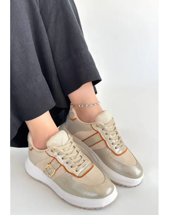 Tanwe Bej Cilt Bağcıklı Spor Ayakkabı