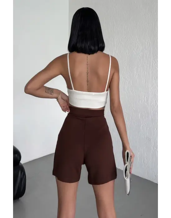 Omarı Esnek Likralı Yüksek Bel Kahverengi Krep Şort