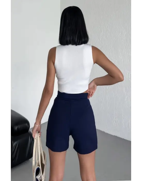 Omarı Esnek Likralı Yüksek Bel Krep Şort - Lacivert Renk Seçeneği