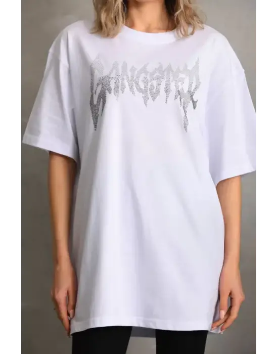 Omarı Taş Desenli Oversize T-Shirt - Beyaz