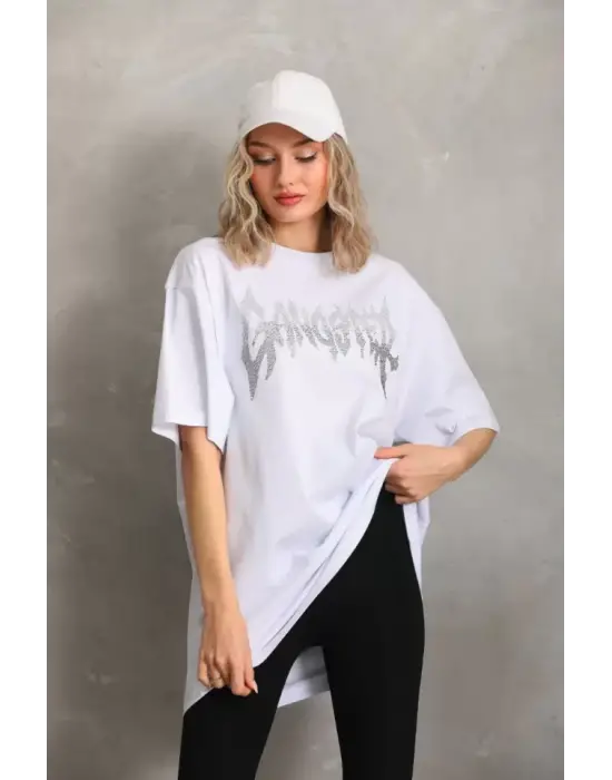 Omarı Taş Desenli Oversize T-Shirt - Beyaz