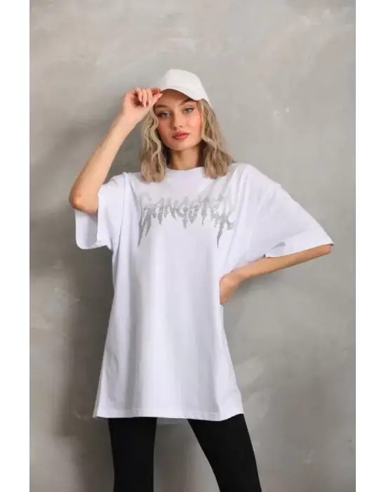 Omarı Taş Desenli Oversize T-Shirt - Beyaz