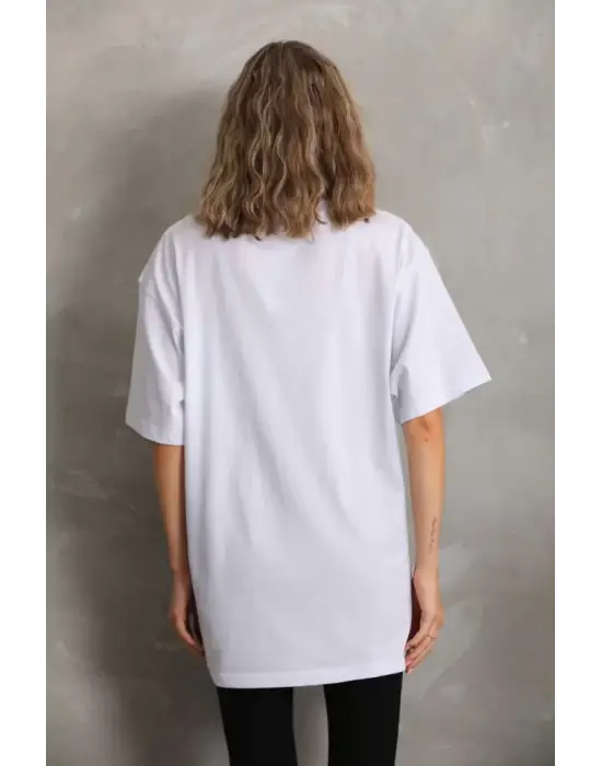 Omarı Taş Desenli Oversize T-Shirt - Beyaz