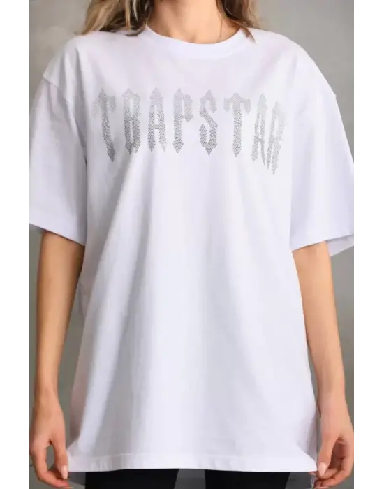 Omarı Taş Desenli Oversize T-Shirt - Beyaz