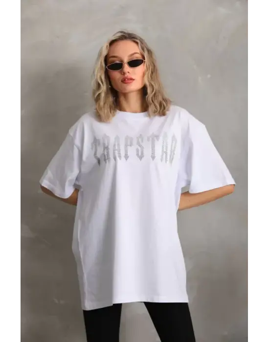 Omarı Taş Desenli Oversize T-Shirt - Beyaz