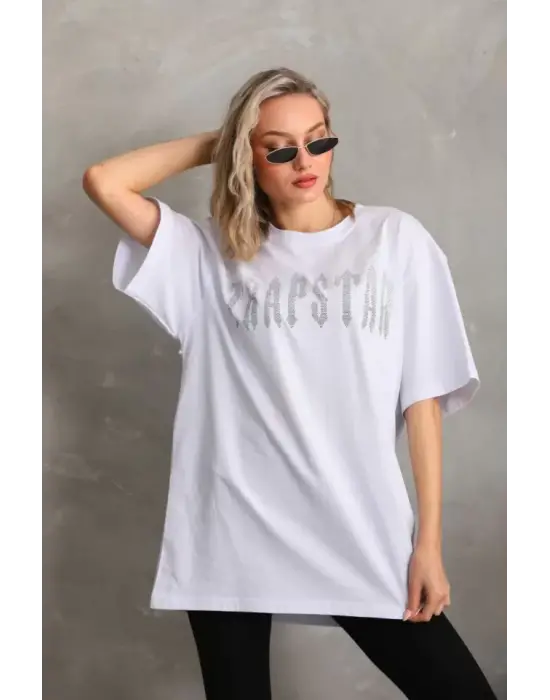 Omarı Taş Desenli Oversize T-Shirt - Beyaz