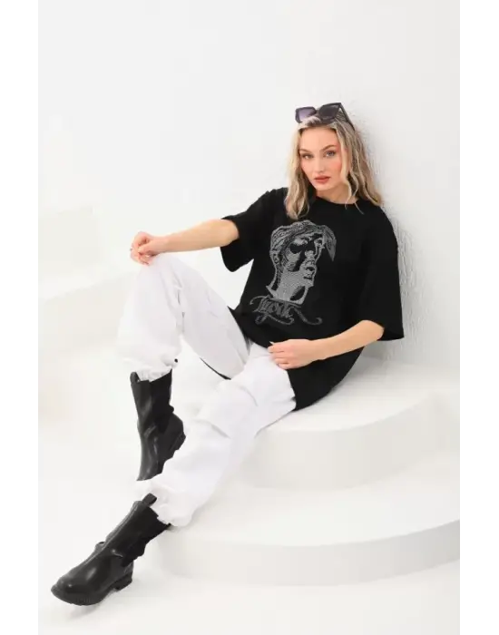 Omarı Taş Desenli Oversize T-Shirt - Siyah