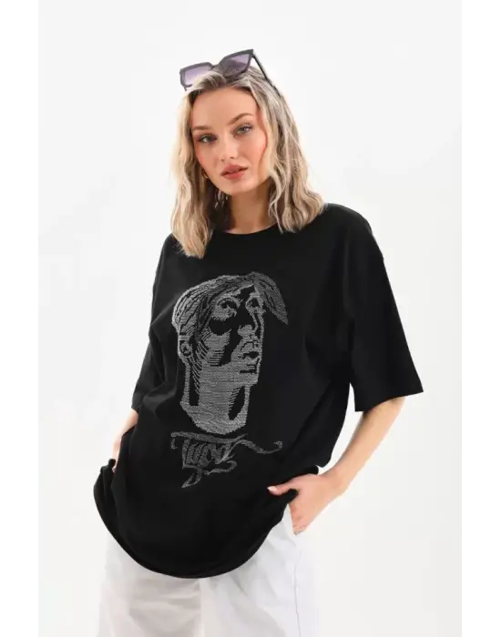 Omarı Taş Desenli Oversize T-Shirt - Siyah