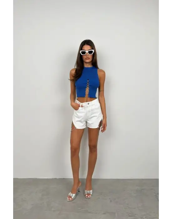 Taş Detay Dekolteli Crop Bluz